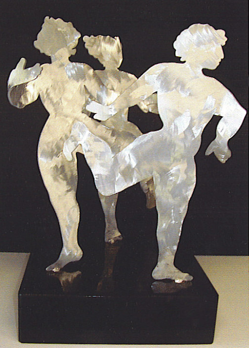 Hochhauser | "S180 Dancing Girls Three" | White brushed aluminum and patina rotating figures on marble base | 22 x 25 x 25 in.