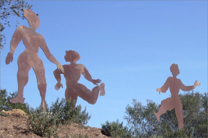 Hochhauser | "S187 Mythical Dancers" 2002, Permanent | Rusted metal | Installation at Elings Park, Santa Barbara, CA | Figures rotate manually and can be rearranged | Figures: 9'h; Site: 13'w x 5'd