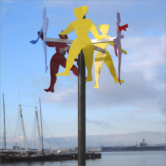 Hochhauser | "S186 Dancing in Primary" on public view, San Diego waterfront 2010-2011 | Color powder-coated aluminum | Circular rotation by atmospheric wind | Figures: 8'h x 7'dia; Pole: 13'h