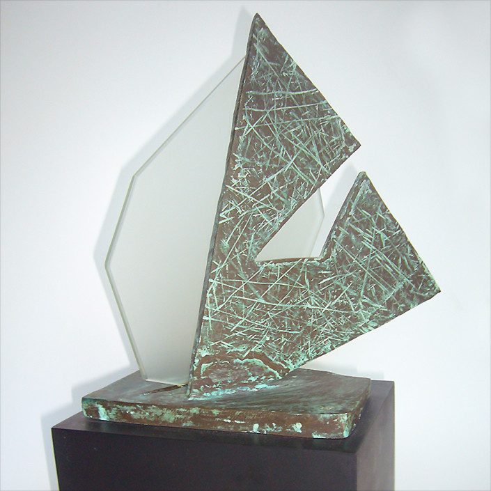Hochhauser | “S184 Scan Shapes" | Textured bronze patina and frosted glass on stone base | 15 x 8 x 6 in
